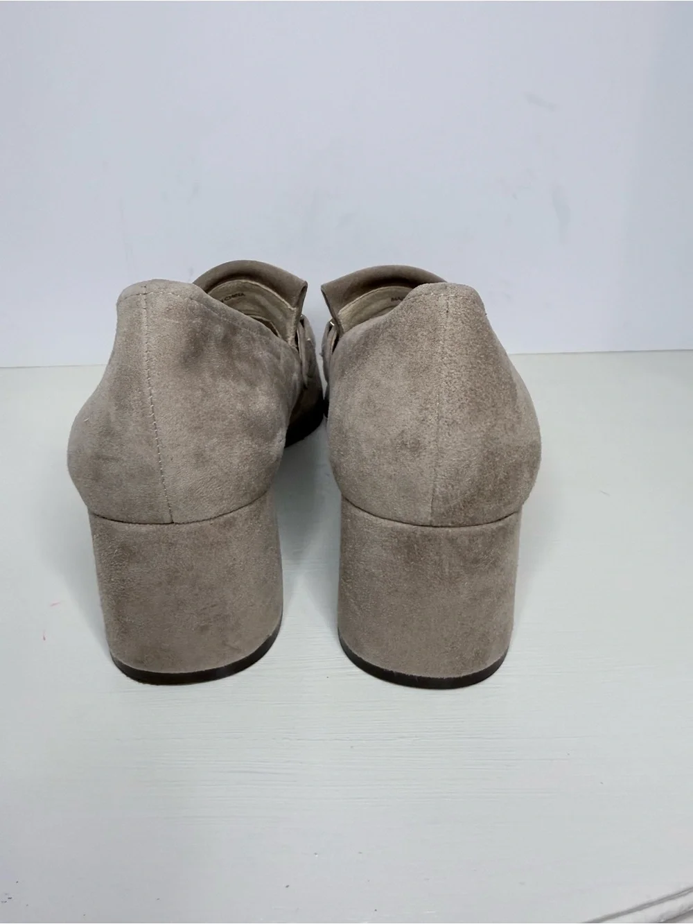 Vaneli Taupe Suede Fringe Loafers with Gold Hardware Block Heel 7.5